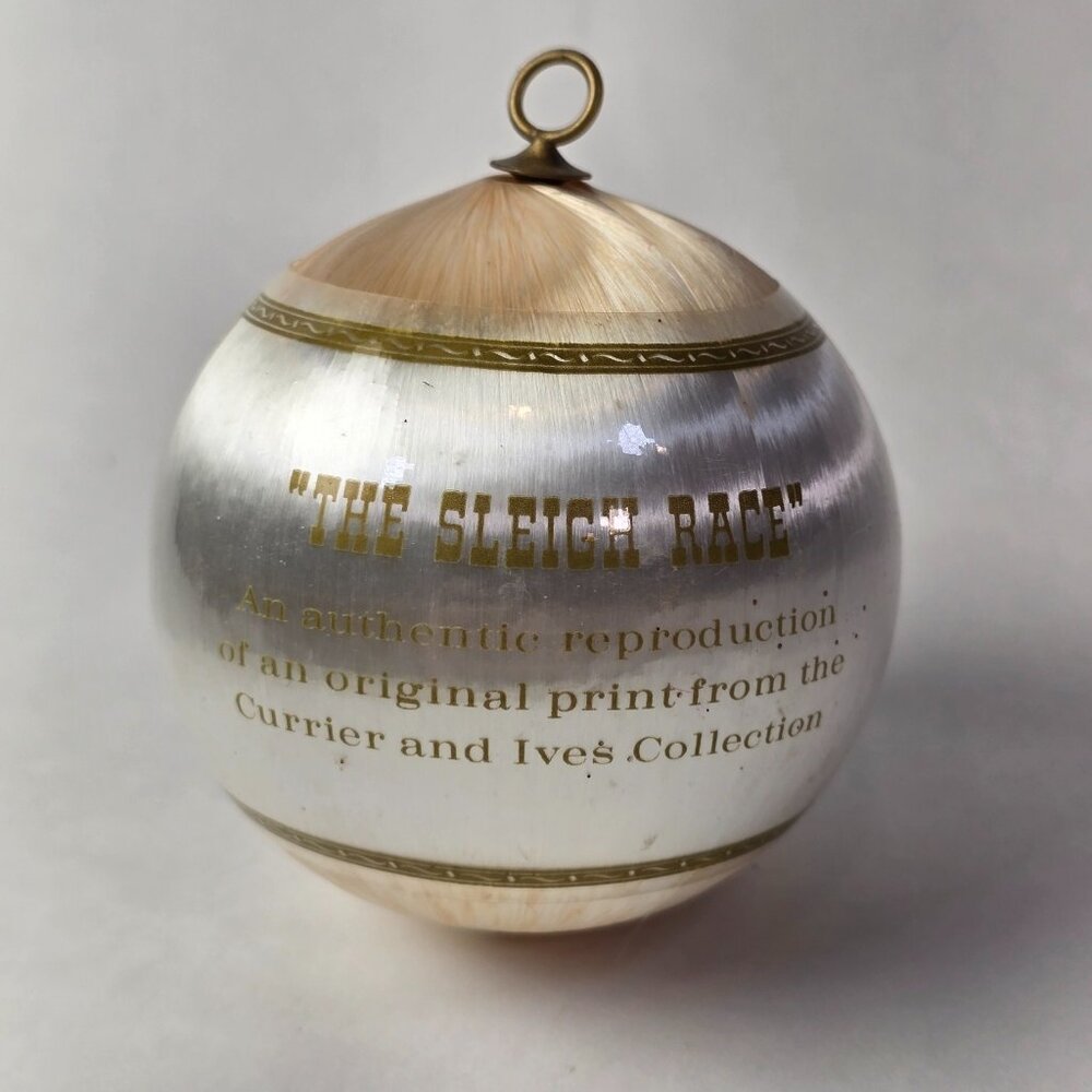 Vintage Christmas Ornament Satin Ball Horse Currier & Ives Sleigh Race Scene - Picture 4 of 6
